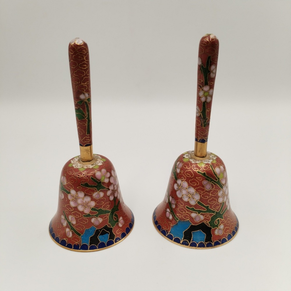 Pair Vintage Chinese Cloisonne Brass Hand Bells Pink Cherry Blossom Enamel Teal